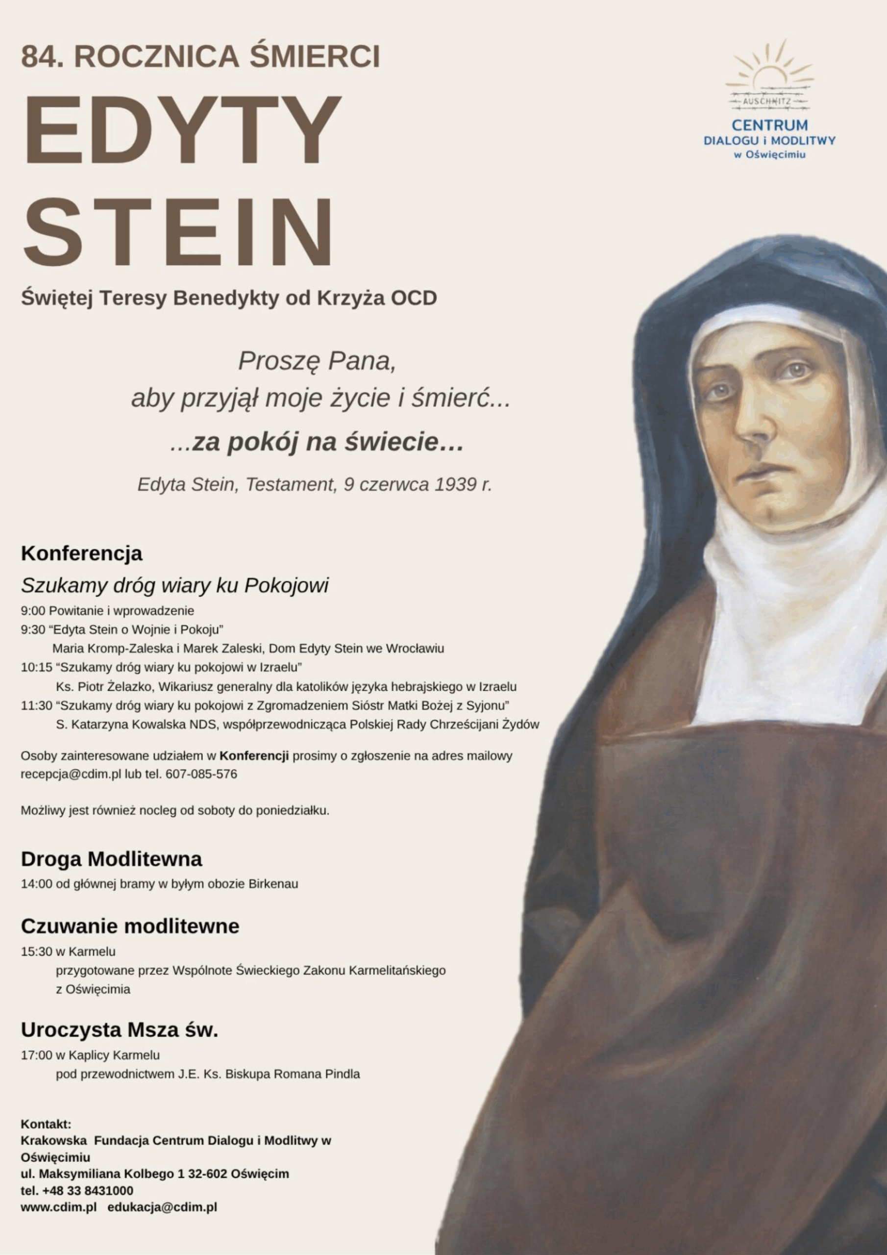 84. rocznica śmierci Edyty Stein, św. Teresy Benedykty od Krzyża OCD – Patronki Europy